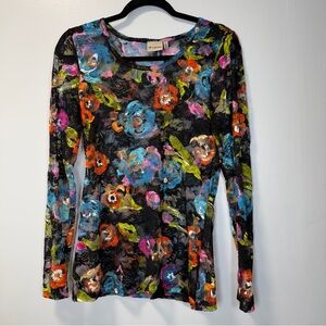 Decoded VTG Y2K Black Floral Long‎ Sleeve Mesh Top Size Large